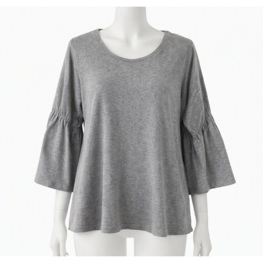 Womens Heather Grey Ruffle Bell Sleeve Knit Top Crew Neck Relaxed Fit Blouse